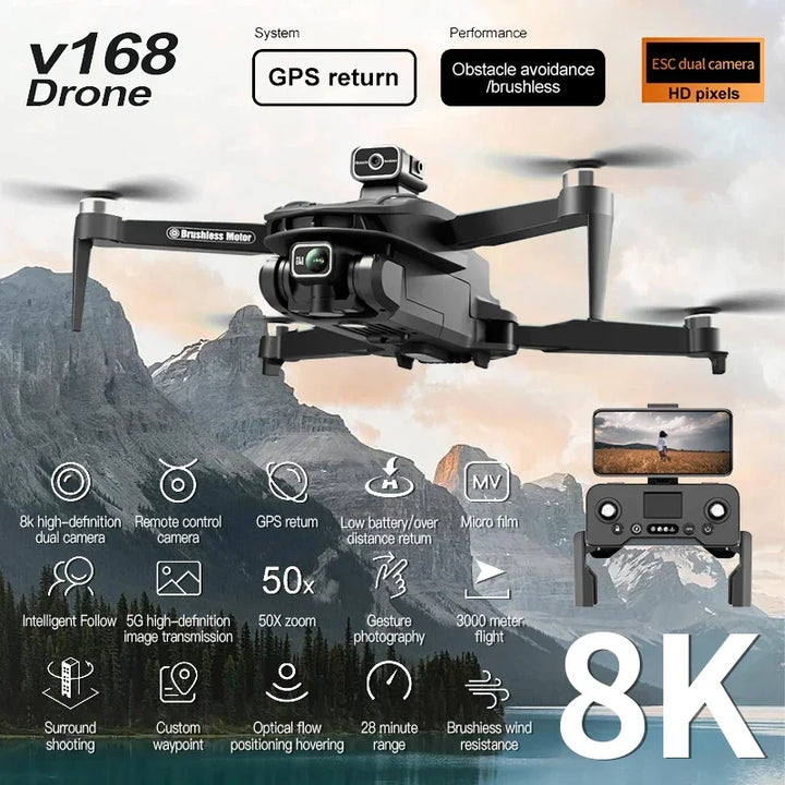 Nuevo dron profesional V168 con tres cámaras, gran angular 8K, localización GPS óptica, cuadricóptero para evitar obstáculos en cuatro direcciones para XIAOMI